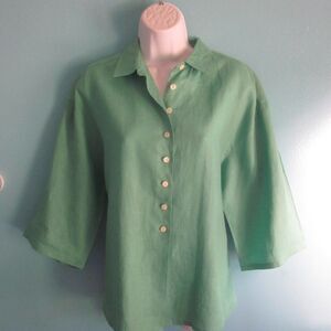 British Khaki Womens Linen Shirt Size 8 Kelly Green Button Front Blouse 42" Bust